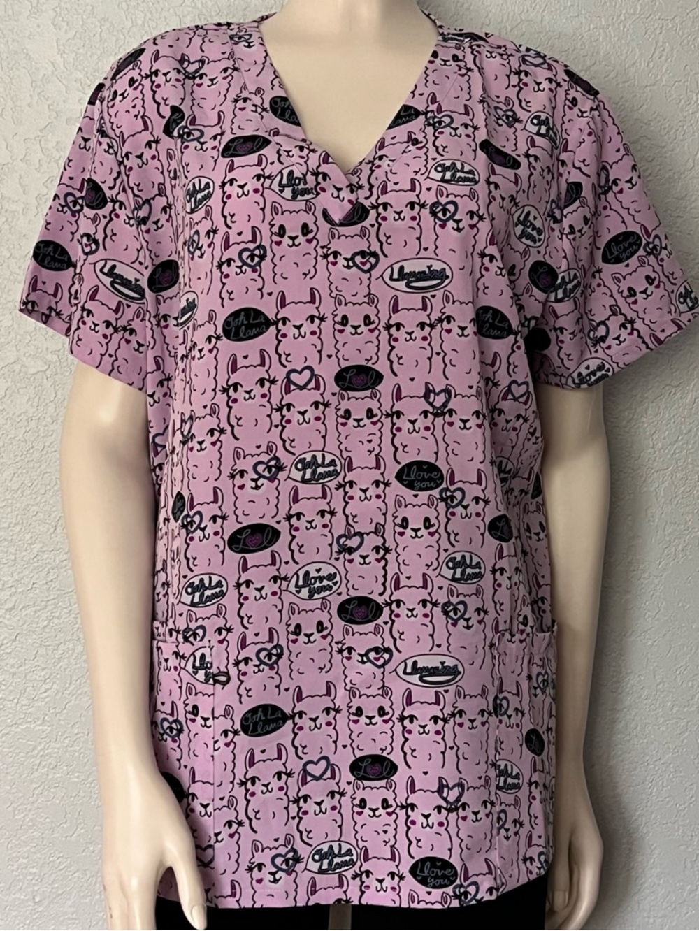 Llama Print Scrub V Neck Top Sz Large Purple GT Performance Nurse Medical Cute